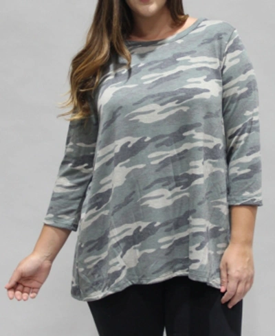 Shop Coin 1804 Women's Plus Size 3/4 Sleeve Button Back Top In Green Camo