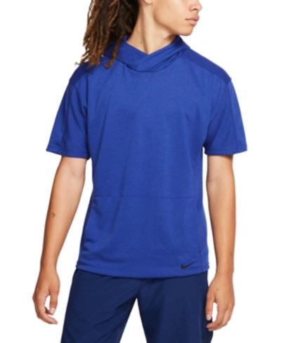 Shop Nike Men's Dri-fit Short-sleeve Yoga Hoodie In Deep Royal Blue/black