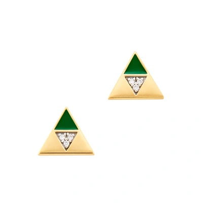 Shop Harwell Godfrey Enamel Diamond Triangle Studs In Yellow Gold Green / White Diamond