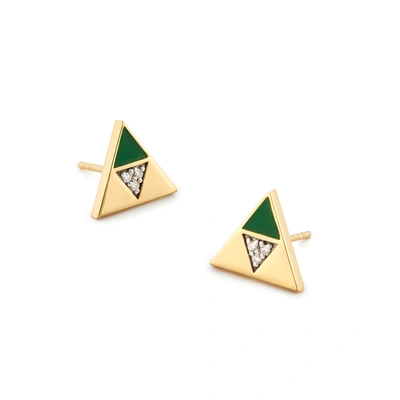 Shop Harwell Godfrey Enamel Diamond Triangle Studs In Yellow Gold Green / White Diamond