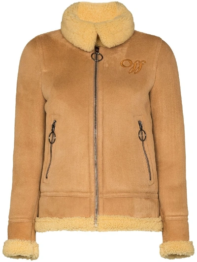 Shop Off-white Aviator Style Shearling Coat In Brown