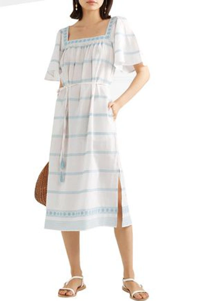 Shop Tory Burch Belted Embroidered Linen And Cotton-blend Gauze Midi Dress In Ivory