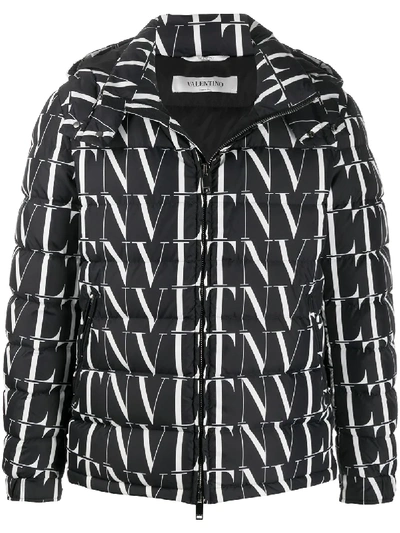 Shop Valentino Vltn Print Hooded Down Jacket In Black