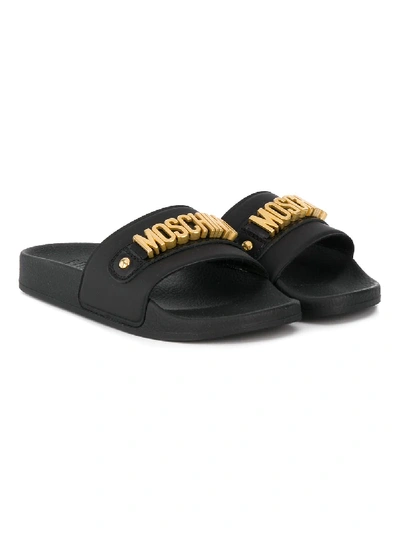 Shop Moschino Teen Logo Plaque Sandals In Black