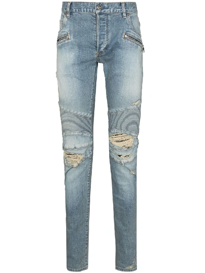 Shop Balmain Distressed Slim-fit Jeans In Blue