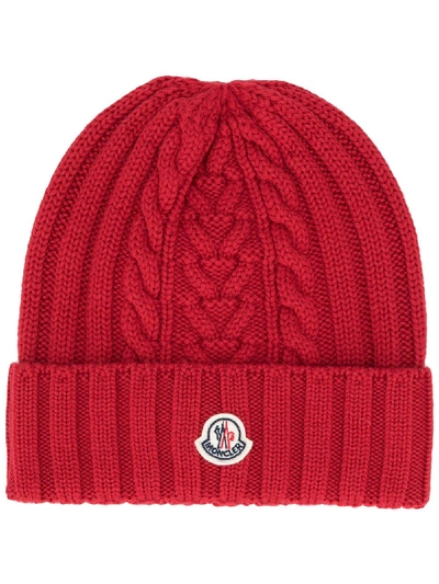 Shop Moncler Logo Patch Beanie In Red