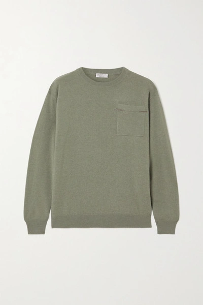 Shop Brunello Cucinelli Bead-embellished Cashmere Sweater In Green