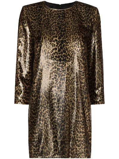 Shop Saint Laurent Metallic Leopard-print Mini Dress In Black