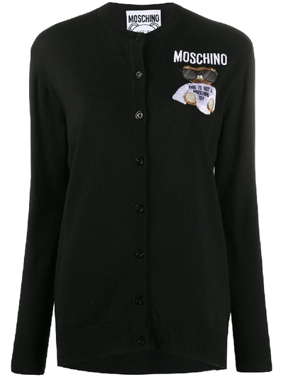 Shop Moschino Teddy Bear Embroidery Cardigan In Black