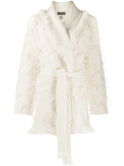 Shop Alanui Feather Embellished Tie-waist Cardigan In Neutrals