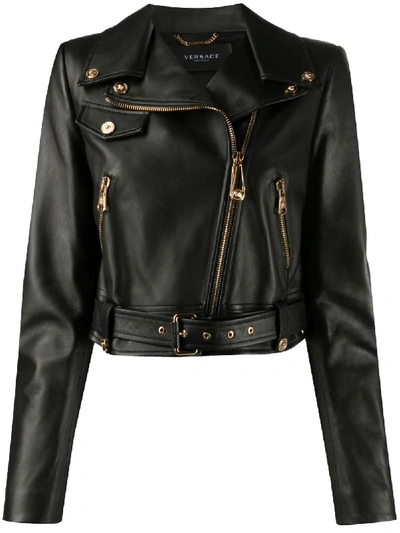 Shop Versace Zipped Leather Cropped Biker Jacket In Black