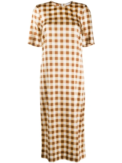 Shop Ganni Gingham Check Shift Dress In Neutrals