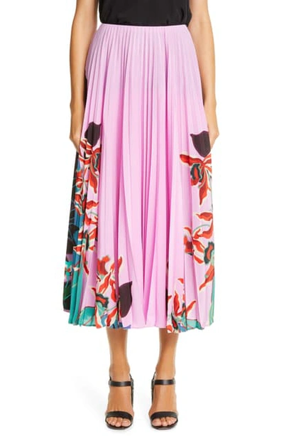 Shop Valentino Orchid Print Pleated Silk Crepe De Chine Midi Skirt In Cherry Blossom Multi Color