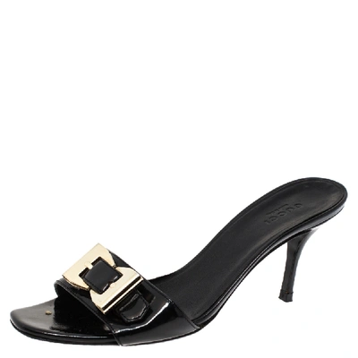 Pre-owned Gucci Black Patent Double Buckle Detail Slides Size 38