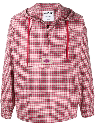 Shop Moschino Checked Hooded Shirt Jacket In Red