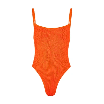 Shop Hunza G Pamela Neon Orange Seersucker Swimsuit