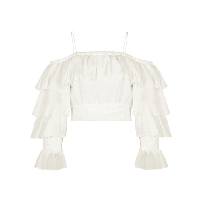 Shop Alice And Olivia Mandara Ruffled Cotton-blend Top In Off White