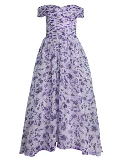 Shop Shoshanna Meraki Off-the-shoulder Silk-blend Dress In Lilac Metallic Multi