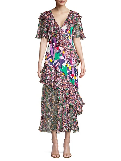 Shop Prabal Gurung Ruffled Chiffon Mixed-print Midi Dress