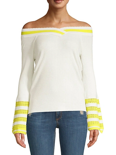 Shop Dh New York Varsity Stripe Off-the-shoulder Bell Sleeve Sweater