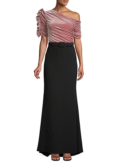 Shop Badgley Mischka Asymmetric Ruched Velvet Gown