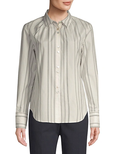 Shop Becken Shirred Silk & Wool Pinstripe Shirt