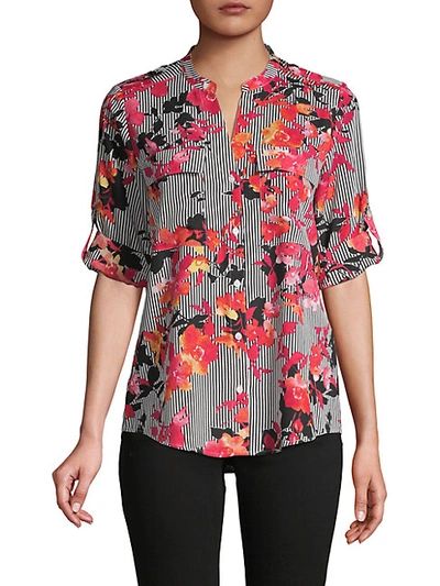 Shop Calvin Klein Striped Floral Split Neck Shirt