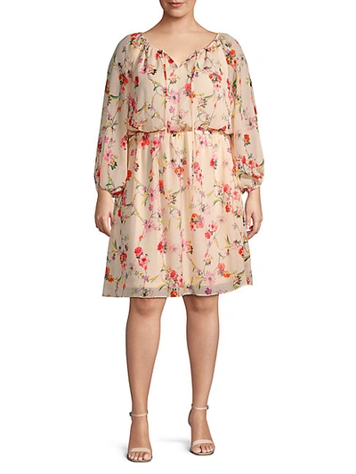 Shop Adrianna Papell Plus Floral Long-sleeve Blouson Dress