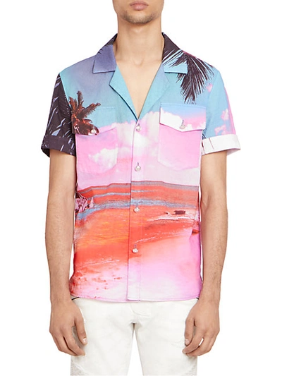 Shop Balmain Beach-print Short-sleeve Shirt