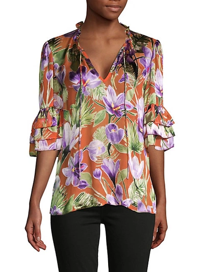 Shop Alice And Olivia Floral & Leaf-print Tiered-sleeve Blouse