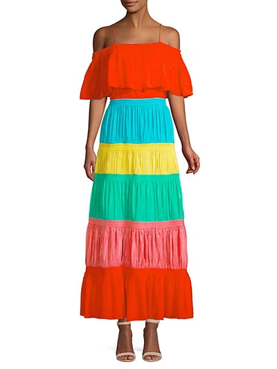 Shop Alice And Olivia Kia Smocked Rainbow Cold-shoulder A-line Dress