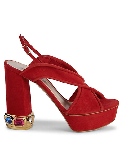 Shop Casadei Jewel-embellished Suede Platform Slingback Sandals