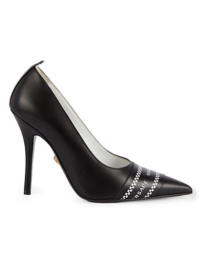 Shop Versace Logo-print Leather Stiletto Pumps