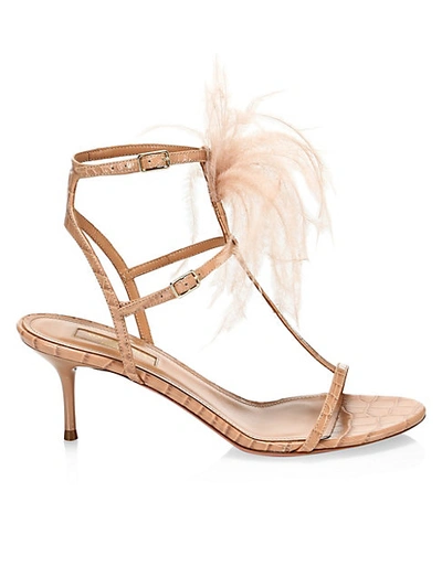 Shop Aquazzura Ponza Feather-trimmed Croc-embossed Leather Sandals