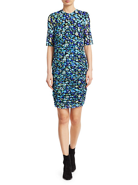 blue ruched bodycon dress