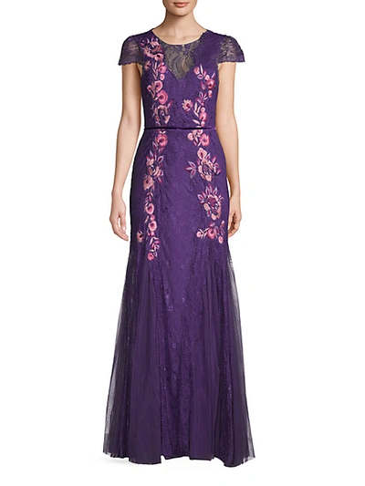 Shop Marchesa Notte Lace Embroidery Cap-sleeve Gown