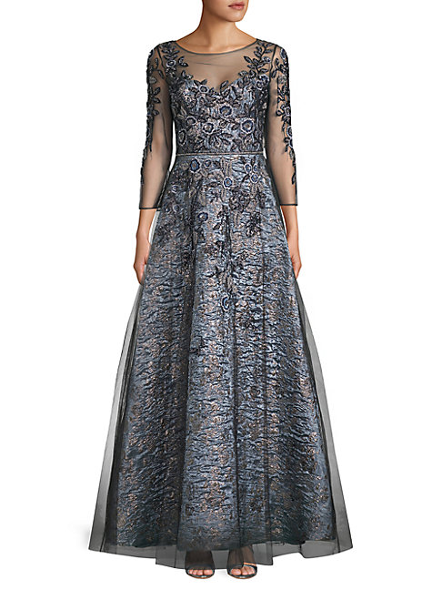 theia floral slate ball gown