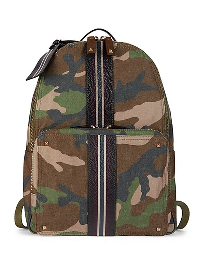 Shop Valentino Striped Leather-trim Camo Backpack