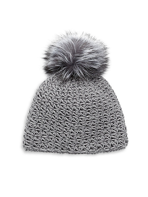 grey hat with fur pom pom