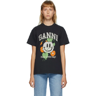 Shop Ganni Black Smiley Flower T-shirt In Phantom