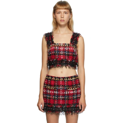 Shop Balmain Multicolor Tartan Tweed Tank Top In Mau Red/mul