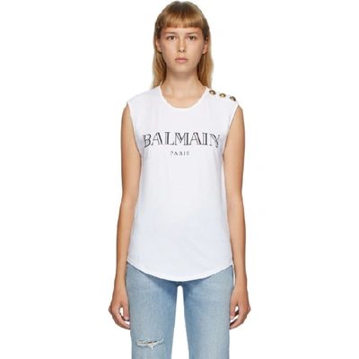 Shop Balmain White 3-button Logo Tank Top In Gab Wh/blk