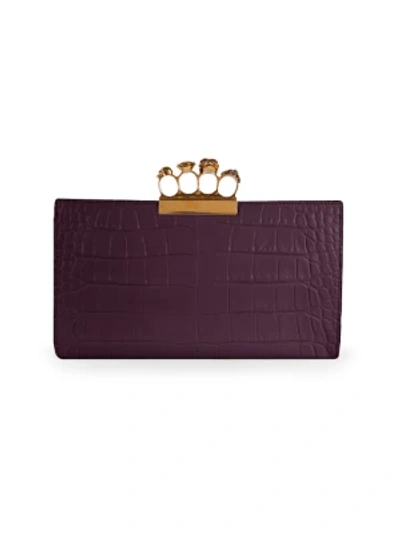 Shop Alexander Mcqueen Women's Skull Four-ring Croc-embossed Leather Flat Pouch In Purple