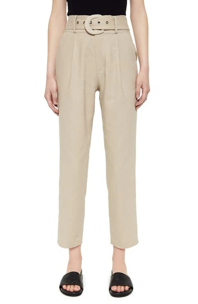 Shop Anine Bing Elyse Belted Linen & Cotton Trousers In Oat