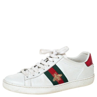 Pre-owned Gucci White Leather Embroidered Bee Ace Low-top Sneakers Size 35.5