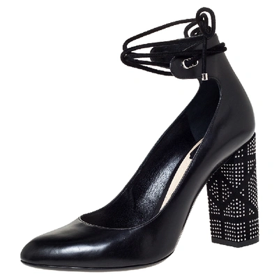 Pre-owned Dior Black Leather Stellar Block Heel Ankle Tie Pumps Size 39.5