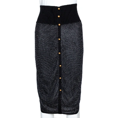 Pre-owned Mcq By Alexander Mcqueen Monochrome Patterned Stretch Knit Button Detail Skirt Xs In Black