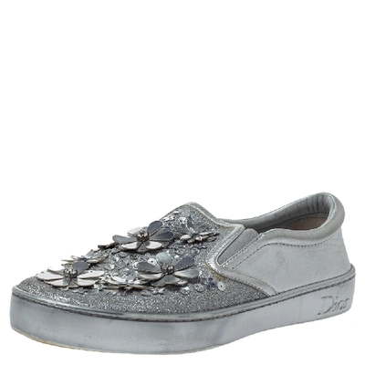 Pre-owned Dior Silver Leather And Glitter Daisy Flower Embellished Slip On Sneakers Size 37.5