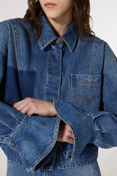 Shop Valentino Ruffled Denim Jacket In Mid Denim