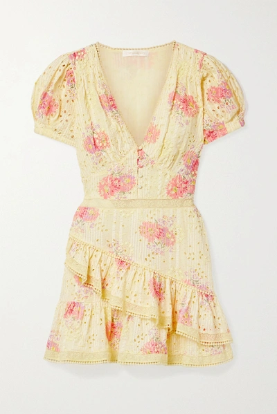 Shop Loveshackfancy Bea Lace-trimmed Tiered Broderie Anglaise Cotton-voile Mini Dress In Pastel Yellow